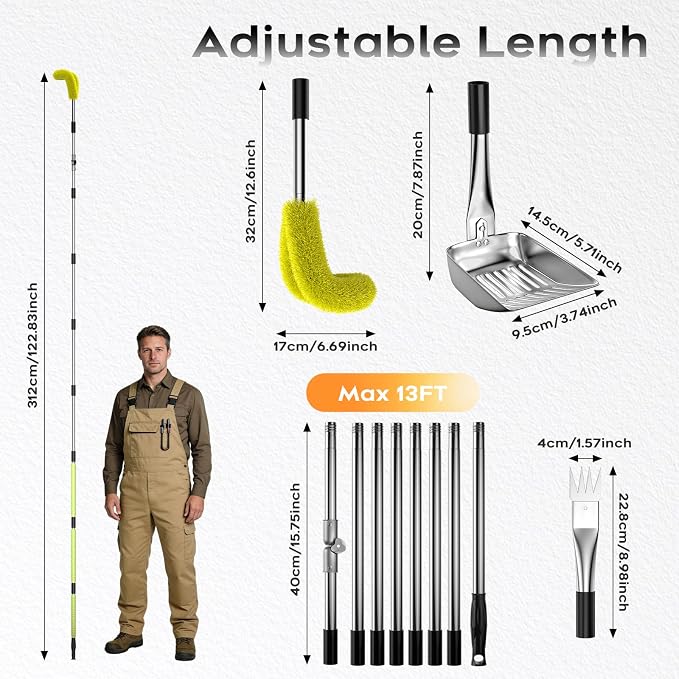 13ft Gutter Cleaning Tools from The Ground, 3-in-1 Gutter Cleaner with Replaceable Brush Rake Scoop, 180° Adjustable Rotating Stainless Steel Pole for Leaves & Debris Removal, Yellow