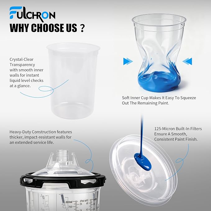 Disposable Paint Cups For Spray Gun, 27oz 125-Micron Mixing Cup With Lids | Fulchron 50PCS Paint Cup Liners with Lids, 2 Hard Cups & Adapters, Ideal for HVLP/LVLP Spray Gun 360° Spray & Less Cleanup