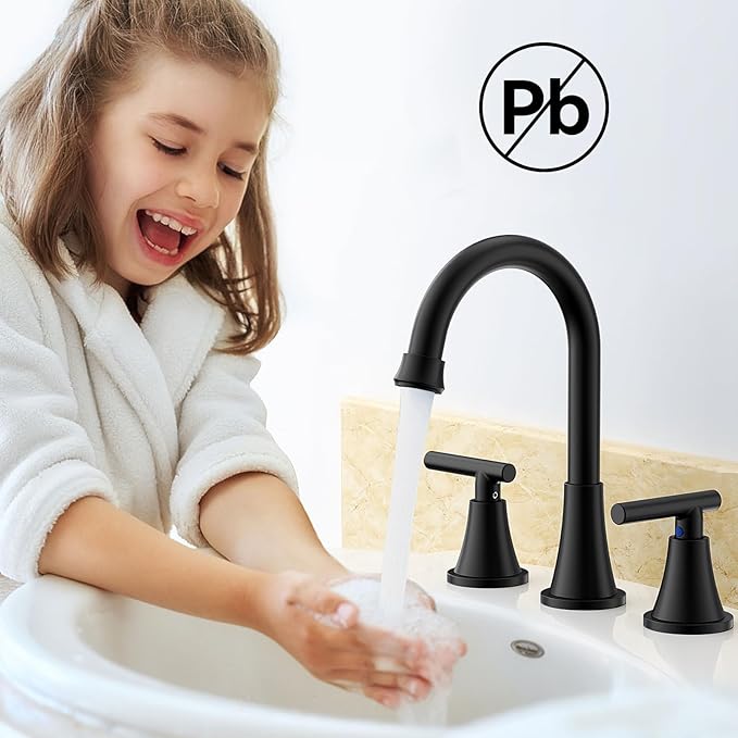 Bathroom Faucets for Sink 3 Hole, Hurran Matte Black Bathroom Sink Faucet with Pop-up Drain and Supply Lines, Stainless Steel Lead-Free Widespread Faucet for Vanity RV Farmhouse, 2 Pack