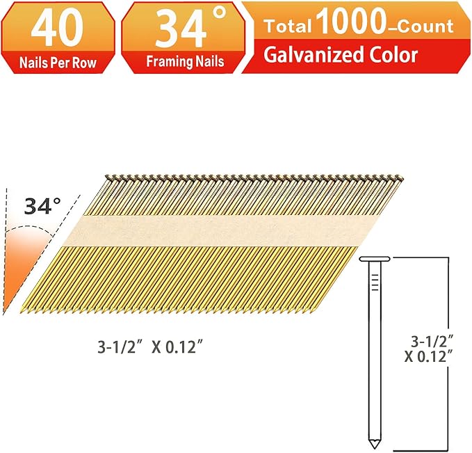 34°Framing Nails,Smooth Shank,3-1/2":1000pcs | D Head Nail Pack,Galvanized Paper Tape Strip Nails,for 30 to 34 Degree Framing Nailer