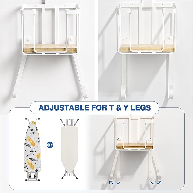 ORLESS Ironing Board Hanger Over Door & Wall Mount, White | 2 in 1 Heavy Duty Iron Board Holder with Storage Basket, Fits T/Y Boards, Laundry Room Space Saver