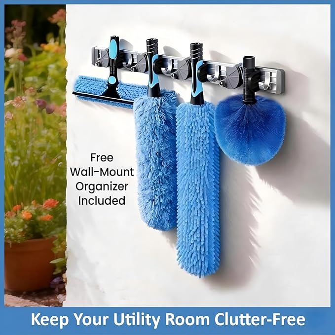 30ft High Ceiling Duster Kits with 5-24ft Heavy Duty Extension Pole - Fan Blade Cleaner, Cobweb Remover & Blue Window Squeegee Kit, Washable Dust Brush for High Roof and Glass Surfaces