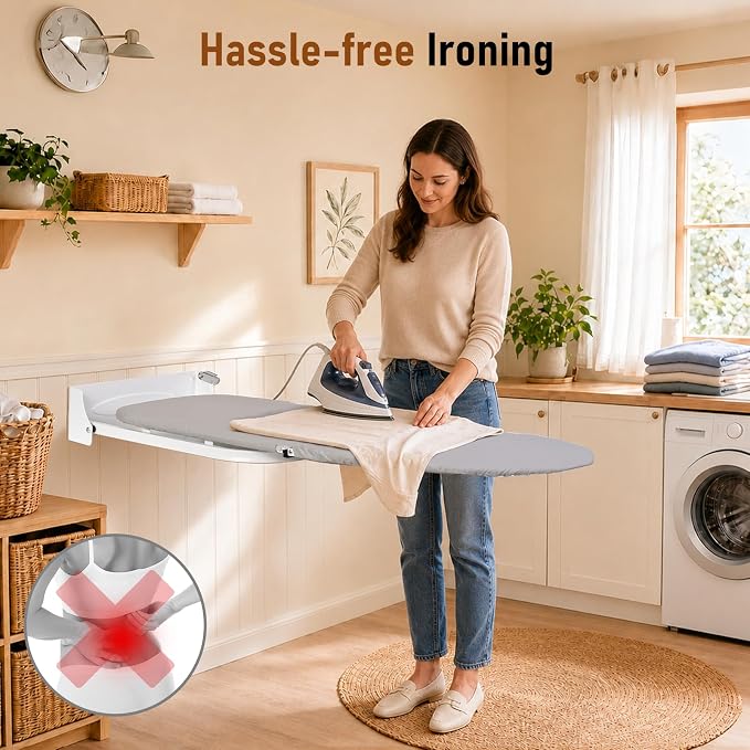 Wall Mounted Folding Ironing Board, Gray | Space Saving Ironing Board with Heat Resistant Cover, Compact Foldable Iron Board for Small Space Home Laundry Room