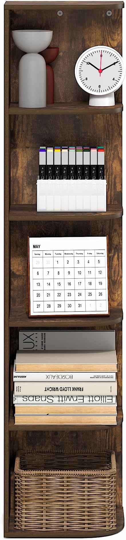 Furinno PASIR Book Shelf, 5-Tier Corner Bookshelf with Open Shelf, Standing Bookcase, 9.3 x 12 x 51.7, for Organization and Storage, for Living Room, Bedroom, Home Office, Amber Pine