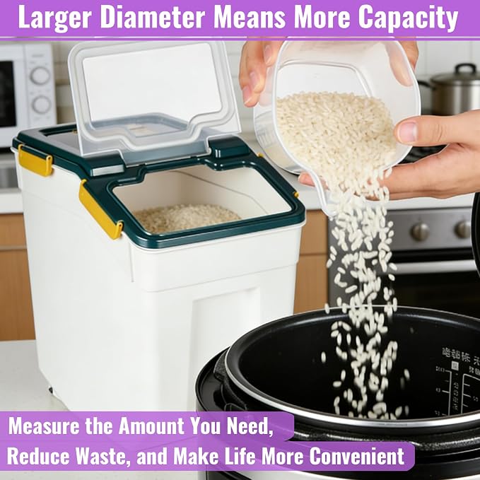 Rice Container 25 lbs Large Bulk Flour Sugar Storage Holdhouse Plastic Grain Cereal Dry Goods Bin with Spoon and Measuring Cup for Kitchen Pantry Organization - Blue