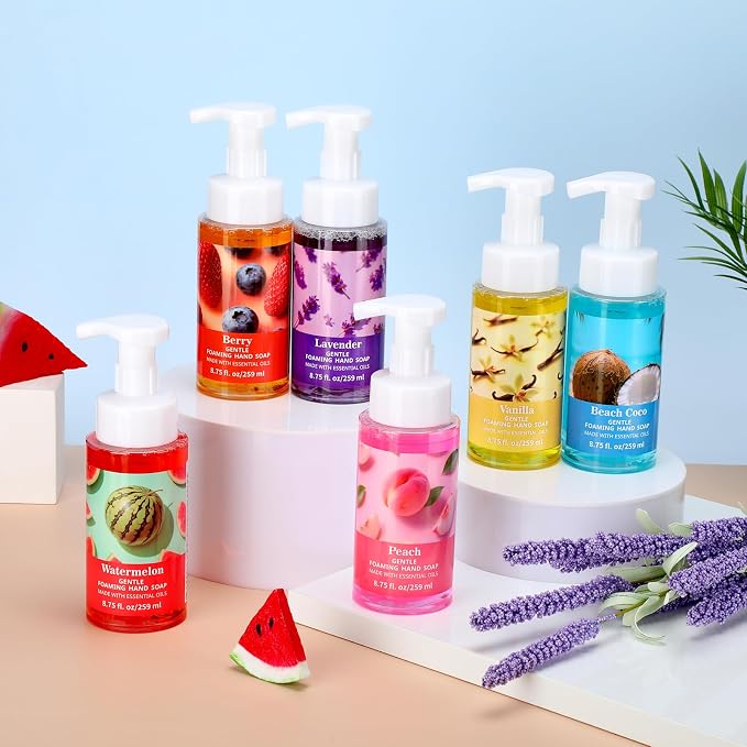 6 Pack Foaming Hand Soap with Pump Care Moisturizing Liquid Fruity Scented Foam Hand Wash Teacher Appreciation Gift Bulk Mother's Gift for Kitchen Bathroom Family Nurse Doctor Employee 8.75 Fl. oz