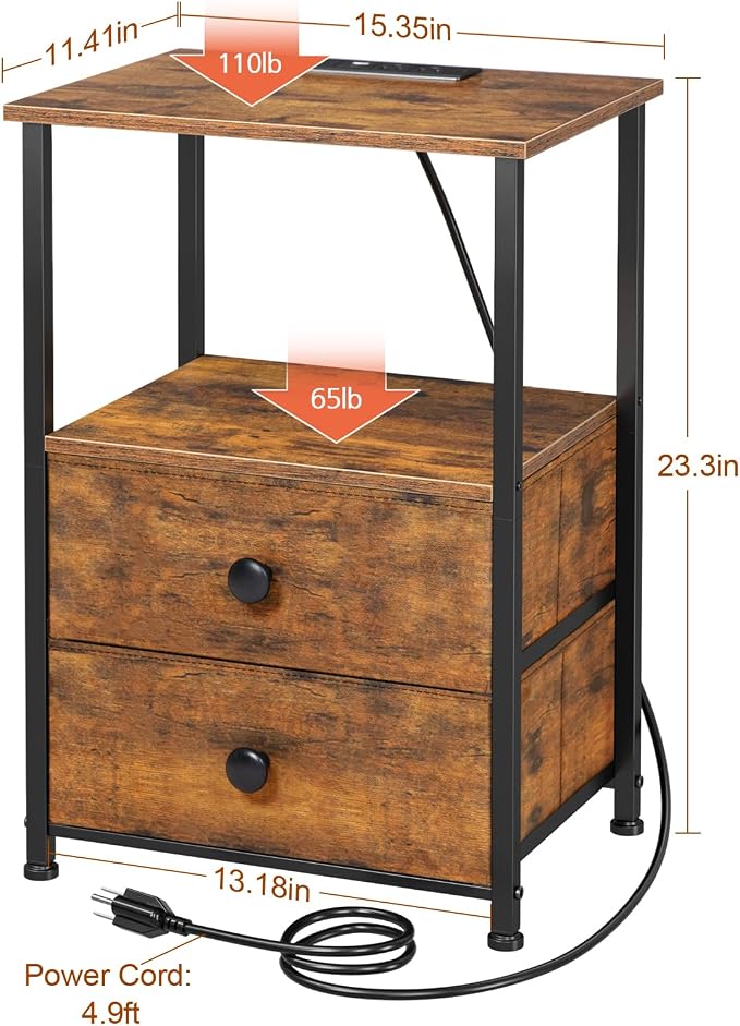 Nightstands Set of 2, LED Night Stand with Charging Station | Bedside Table with Type-C Outlets & 2 Fabric Drawers, End Tables with Storage Shelf for Bedroom, Small Spaces, Brown