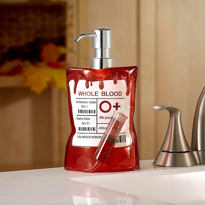 Avanti Linens – Soap Dispenser, Decorative Lotion Pump for Bathroom or Kitchen Countertop, Hand Painted Resin Halloween Decor (Blood Bag)