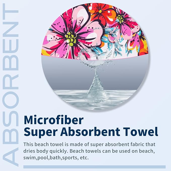 TwoYek Microfiber Beach Towel Extra Large 71x32 inches Floral Print | Thin & Lightweight, Sand Free, Super Absorbent Quick Dry, Oversized Towel for Beach Bath Pool Swim Travel Accessories Gifts