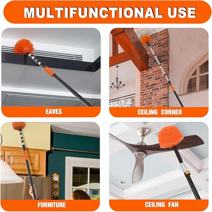 SISUPASSIE 20FT Reach Cobweb Duster with Extension Pole, High Ceiling Long Duster with 3-12FT Telescoping Pole, Spider Web Brush for Indoor Outdoor Use