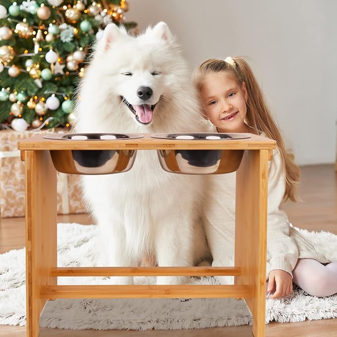 HTB Elevated Dog Bowl Stand with 2 Stainless Steel Bowls-14 H XLarge Bamboo | Raised Dog Bowl Stand, 14"tall, 48 Oz Bowls, for Large Sized Dogs, Pet-safe, Solid Bamboo