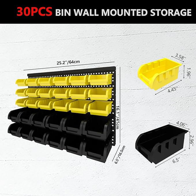 30Pcs Plastic Wall Mounted Storage Bins Parts Rack Nuts And Bolt Bins Organizer For Shop Garage for Screws, Nuts, Bolts, Nails, Beads, and Small Hardware Parts(YELLOW+BLACK, 30)