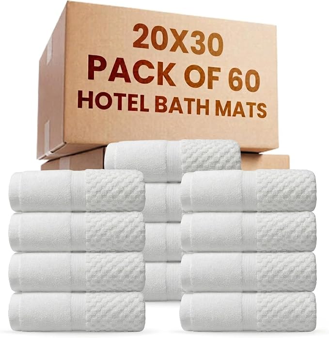 belem 60 Pack White Hotel Bath Mats Bulk 20x30 – 5 Dozen Wholesale Cotton Blend Economy White Bath Mat – Highly Absorbent, Quick Drying & Machine Washable (7 lbs/Dozen)