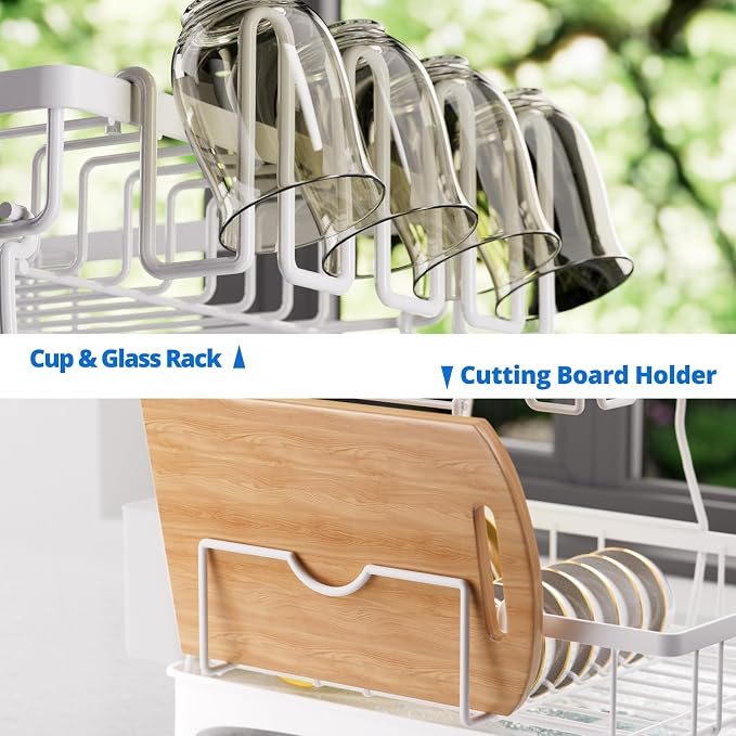 Godboat 2-Tier Dish Drying Rack - Dish Rack with Auto Drain-to-Sink & Mat | Dish Racks for Kitchen Counter, Dish Drainer with Knife Fork & Cup Rack, Gifts for Women, Mothers Day, Kitchen Gadgets, White