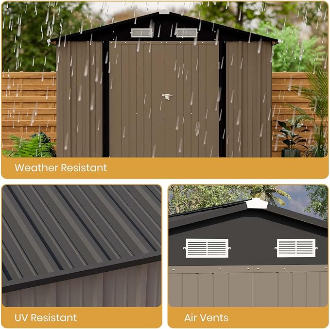 Patiowell 8x12 FT Outdoor Storage Shed, Brown | Steel Shed Storage House, Lockable Doors Design, Utility and Tool Storage, Garden, Patio, Backyard, Outside Use