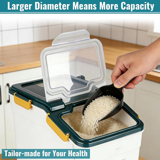 4 Pack Rice Container 25 lbs Large Bulk Flour Sugar Storage Holdhouse Plastic Grain Cereal Dry Goods Bin with Spoon and Measuring Cup for Kitchen Pantry Organization - Blue