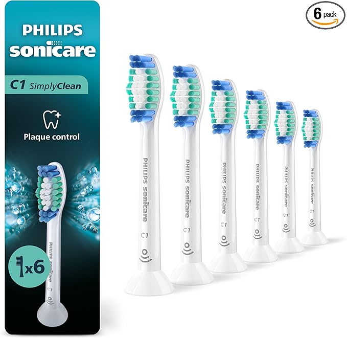 Philips Sonicare C1 SimplyClean - Genuine Replacement Electric Toothbrush Heads, White, 6 Pack Up to 18 Month Supply, HX6016/77