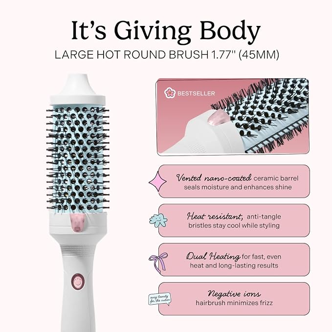 Mane Large Heated Round Brush - 1.77 Inch Thermal Brush for Voluminous Blowouts - Anti-Tangle Bristles, Ionic Technology, Worldwide Voltage - Hair Styling Tools for Medium to Long Hair