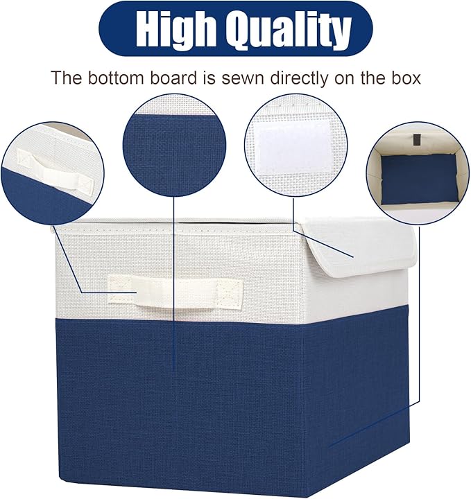 Bagnizer Large 22 Quart Linen Fabric Foldable Storage Bin Cube Organizer Basket with Flip-Top Lid & Handles, Clothes Blanket Box for Home, Office, Closet, Navy Blue & White, 4 Pack 14.6 x 9.5 x 9.5