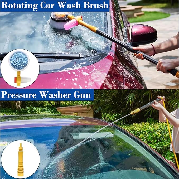 Car Wash Brush Car Cleaning Kit 360 Spin Car Mop Microfiber Car Cleaning Brush Detachable & Extendable Scrub Brush Garden Hose Spray Nozzle Spray Gun for Car Home Cleaning & Garden Use