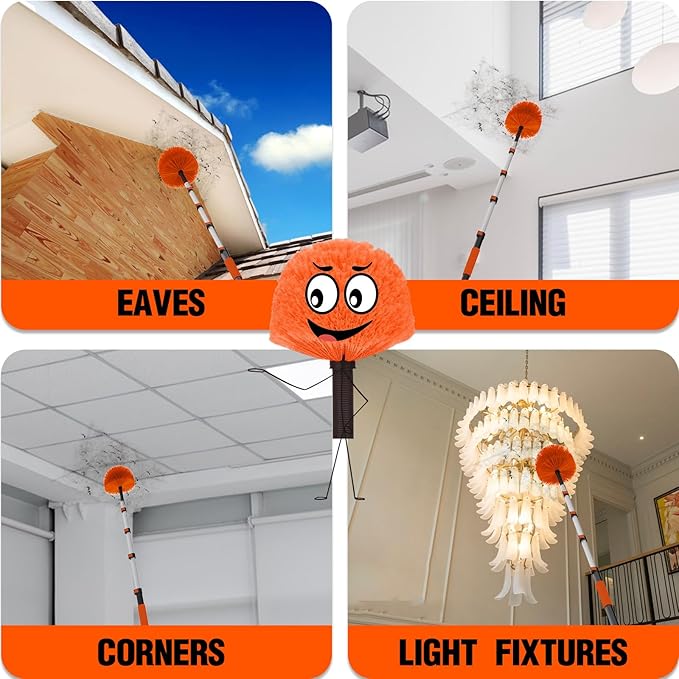 15FT Reach Cobweb Duster with Extension Pole - Spider Web Brush for Cleaning with 3-12FT 4-Section Flip-Lock Telescopic Pole, Effortlessly Cleans High Indoor & Outdoor Webs