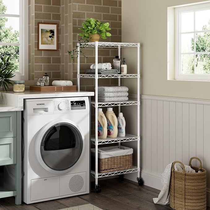 Golpart Small 5 Tier Shelves Storage Wire Shelving Unit Metal Shelf Adjustable Organizers Storage Shelving with Wheels for Bathroom Laundry Room Kitchen Pantry11.7”D x 17.7”W x 57.2”H White