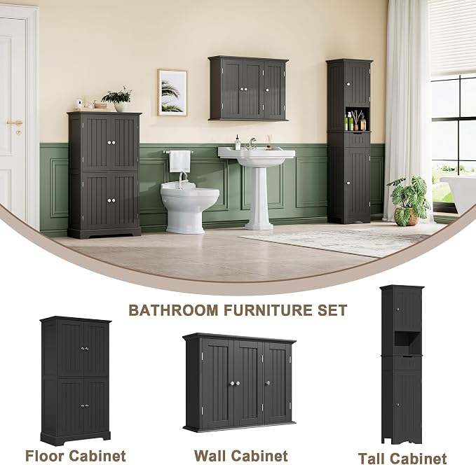 ChooChoo Bathroom Wall Cabinet with 3 Doors, Laundry Cabinet Wall Mounted, Medicine Cabinet with Adjustable Shelves, Hanging Kitchen Cupboard Organizer, Black