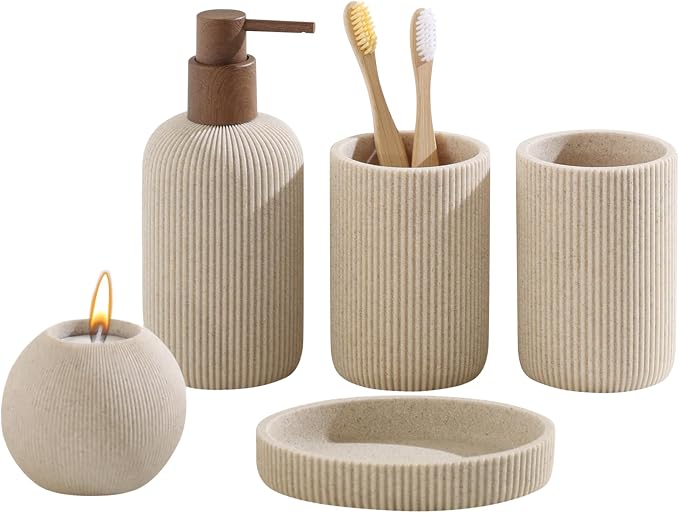 Bathroom Accessories Set, 5 PCS Modern Bath Organizer, Beige | Sandstone Look, Stripe,13.53 OZ Soap Dispenser,Toothbrush Holder,Tumbler,Soap Dish,Candle Holder for Countertop Kitchen Sink