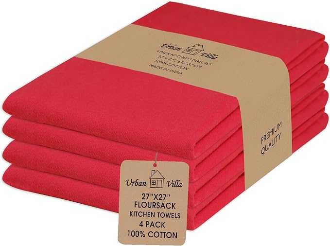 Urban Villa Kitchen Towels Cotton Dish Towels 27”x27” (Set of 4) Red