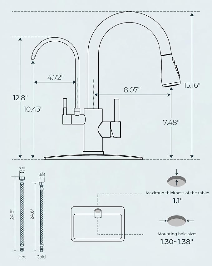 FORIOUS Kitchen Faucets with Water Filter, 2 in 1 Stainless Steel Pull Down Sink Faucet and Purified Water Faucet Rustic High Arc Single Handle with Detachable Deck for 1 or 3 Hole, Brushed Nickel