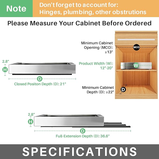 Pull out Cabinet Organizer, Stainless Steel Expandable(12"-20") Heavy Duty Slide out Drawers Fixed with Adhesive Nano Film for Pots, Roll out Shelf Storage for Kitchen Base(Silver-2pcs)(3 Rails)
