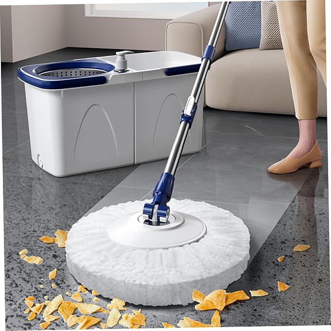 Spin Mop and Bucket Set 43-51" Telescopic Microfiber 15" Round Mop with Wringer, 2 Pads & Detachable 2 Compartment Bucket with Draining Hole for Home Spin and