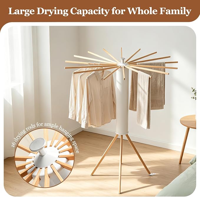 Clothes Drying Rack Wooden Tripod, Floor‑Mounted Garment Rack, Portable Foldable Space‑Saving Laundry Dryer with 16 Drying Poles, Ideal for Small Apartments, Balconies and Bedrooms