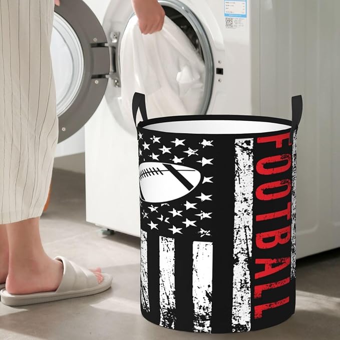 Football American Flag Sport Laundry Hamper Laundry Basket Circular Hamper Dirty Clothes Storage with Handles