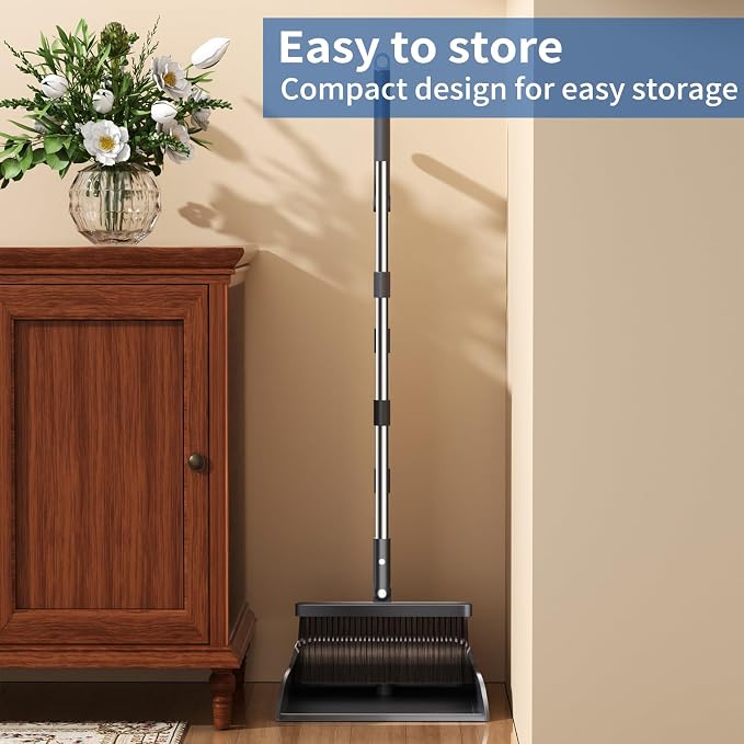 Broom with Dustpan Combo Set, Broom and Dustpan Set with 51.6" Long Handle & Two Broom Heads, Brooms with Dust Pan Teeth for Pet Hair, Indoor&Outdoor Sweeping, Home, Kitchen, Office