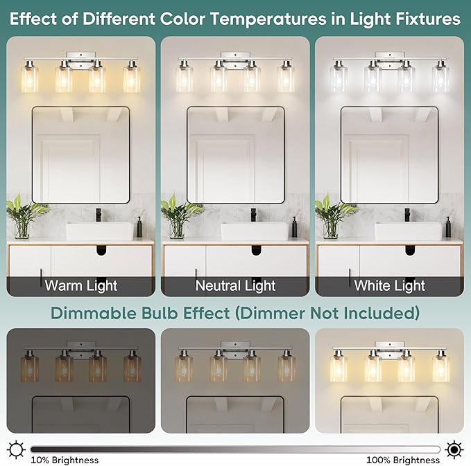Ascher Bathroom Light Fixtures, 4-Light Vanity Light Over Mirror, Brushed Nickel Wall Sconces with Clear Glass Shades, Wall Lamp for Living Room Bedroom, E26 Base(Bulbs Not Included)