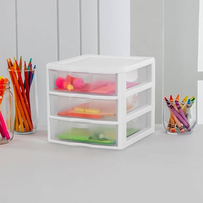 Sterilite Clearview Plastic Multipurpose Small 3 Drawer Desktop Storage Organization Unit for Home, Classrooms, or Office Spaces, White, 6 Pack