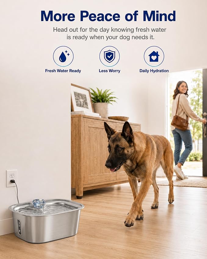 PETNF 3-Gallon Stainless Steel Dog Water Fountain for Large Dogs, Dog Water Bowl Dispenser with 2 Filters, Visible Water Window, Quiet Pump & LED Low-Water Indicator