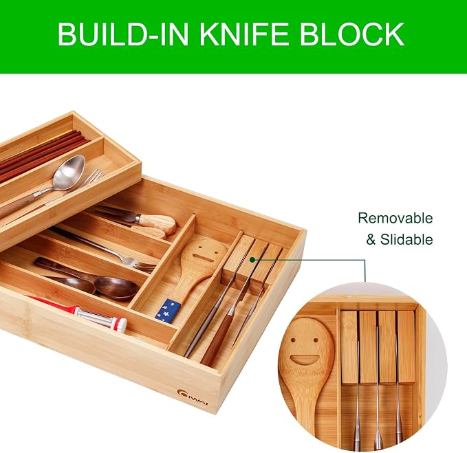 COIWAI Double Layer Bamboo Drawer Organizer Cutlery Utensil Silverware Drawer Organizer, cutlery Silverware Tray for Drawer, Utensil Holder Drawer Dividers for Flatware (L: 16.85 × 12.2 in)