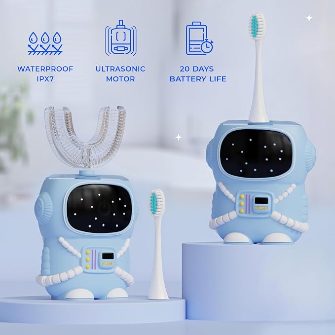 Bendi U-Shaped Toothbrush Kids, Electric Astronaut Design, Ages 2-7, Blue | Sensory-friendly, 360 whole mouth clean, toddler & kids electric, self-brushing 5 modes, auto memory, mouthguard, extra heads