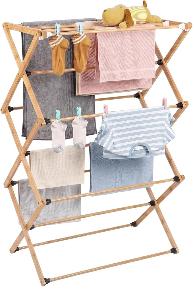 FJO Foldable Bamboo Clothes Drying Rack, 3-Tier Collapsible Laundry Clothes Hanger, Portable Wooden Drying Rack, Space Saving Indoor Outdoor, 28'' D x 15'' W x 39.3'' H, Beige