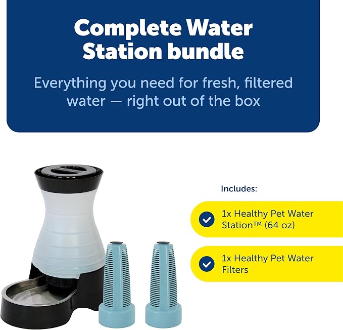 PetSafe Healthy Pet Food & Water Station, Small, 2-Pack Filters | Gravity Food & Water Station, 2 lb food, 64 oz Water, Dishwasher-Safe Stainless Bowl, Extra Filters