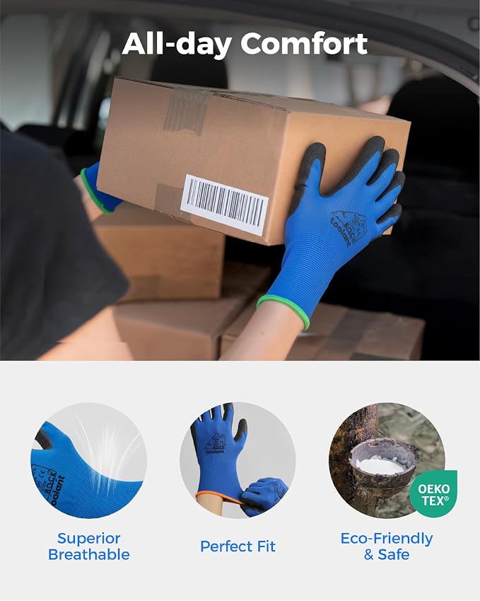 toolant Crinkle Latex Work Gloves Bulk, Rubber Coated Safety Work Gloves for Men and Women, 12 Pairs for Construction, Gardening, Warehouse (Black & Blue, Small)