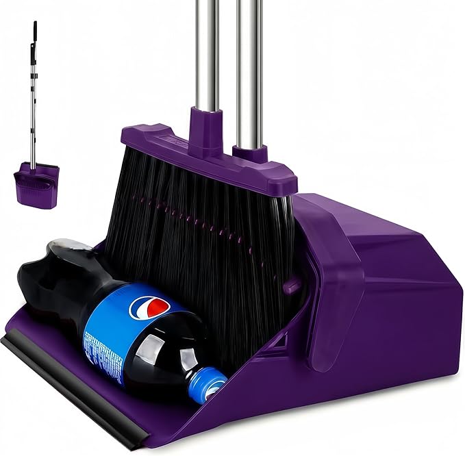 Tiumso Broom with Dustpan Combo Set, Broom and Dustpan Set with 51'' Long Handle, Dust Pan and Brooms, ZeroGap Lip, Self-Cleaning Dustpans Teeth for Lobby Kitchen Restaurant - Purple