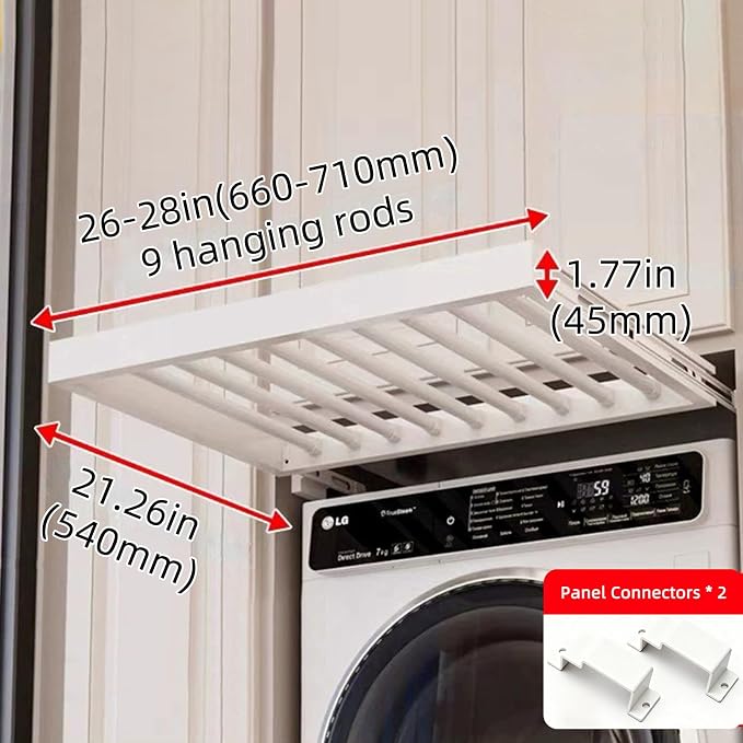 Hidden Pull Out Drying Rack, Extendable Pull Out Trousers Rack, Space Saving, Above Washing Machine Wardrobe, Aluminum Alloy, Tip-On, Depth 21.26in Width 26-28in White
