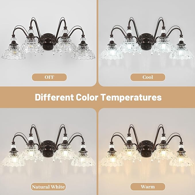 Vintage Bathroom Vanity Light, 4-Light Oil Rubbed Bronze Finish Wall Sconce with Hanging Crystal Accents and Flower-Shaped Clear Glass Shades, Retro Wall Mount Vanity Light Over Mirror for Bathroom