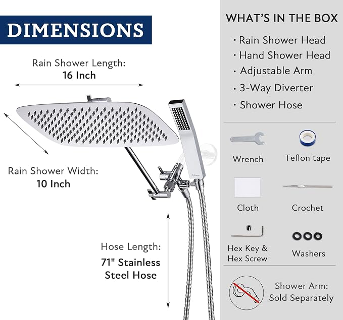 G-Promise All Metal 16 Inch Dual Square Shower Head with Handheld Spray Combo, Rain Shower Head, Adjustable Extension Arm, 3-Way Diverter, 71 Inch Extra Long Hose - A Bathroom Upgrade (Chrome)