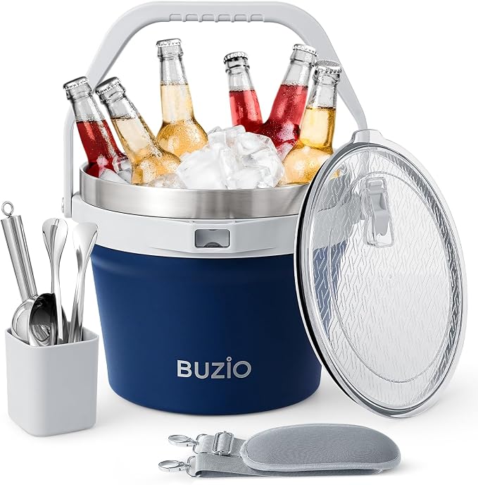 BUZIO 7 L Double Wall Ice Bucket for Parties with Lid and Scoop & Tongs | Insulated Vacuum Stainless Steel Ice Buckets with Handle and Adjustable Shoulder Strap, Fits 6 Longnecks or 3 Wine Bottles
