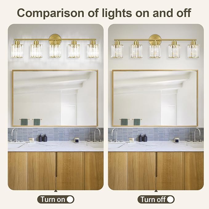 Crystal Bathroom Light Fixtures,Bathroom Lighting Fixtures Over Mirror, Modern 5-Light Gold Vanity Lights for Mirror, Restroom,Kitchen(Ceramic E26 Socket,Bulbs Not Include)