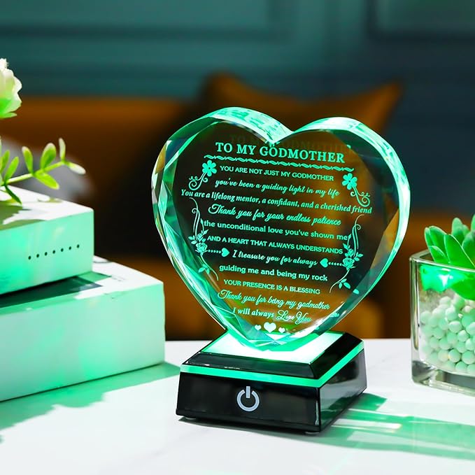 Arikyrist Godmother Gift from Godchild with Colorful LED Base Heart Crystal Gifts for Godmother on Birthday Christmas Mothers Day Thanksgiving from Goddaughter Godson